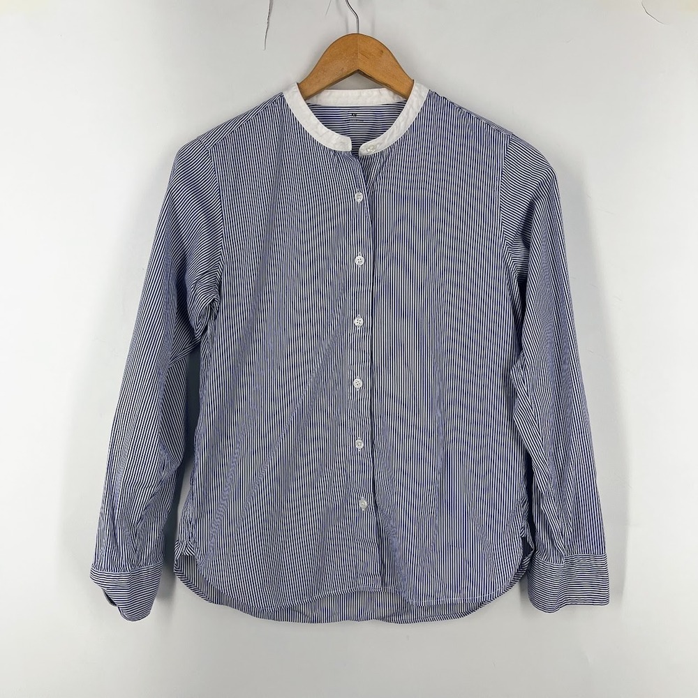 Muji Womens XS Blue White Striped Band Collar Cotton Button Down Shirt BCB1422S